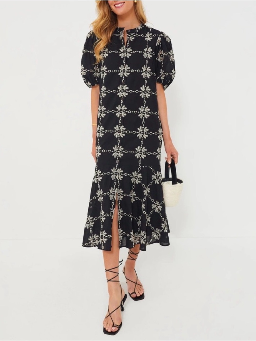 Tuckernuck Lewis Black Midi Dress with Ivory Floral Grid #1135